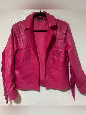 Naywig Women's Bright Pink Fringe Faux Leather Jacket